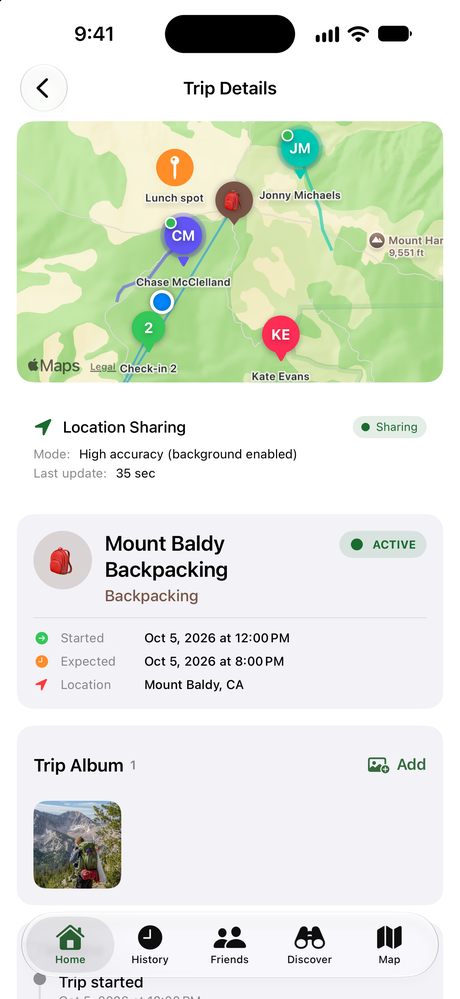 Trip details screen with everyone's live locations and trails on one map, a meetup spot, check-in pins, and location sharing turned on